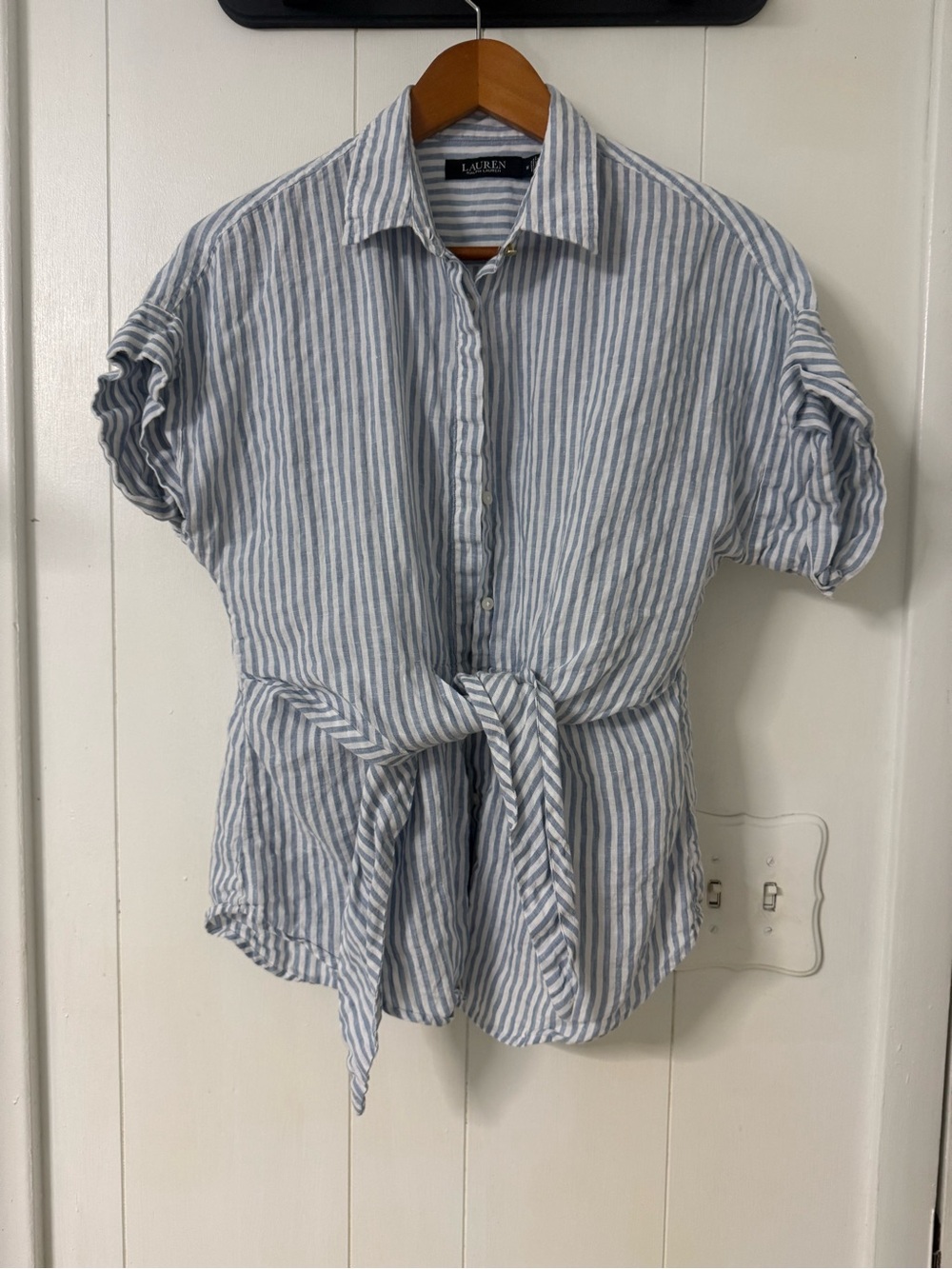 Ralph Lauren Blue and White Striped Tie-Front Button-Down Shirt - Picture 2 of 4